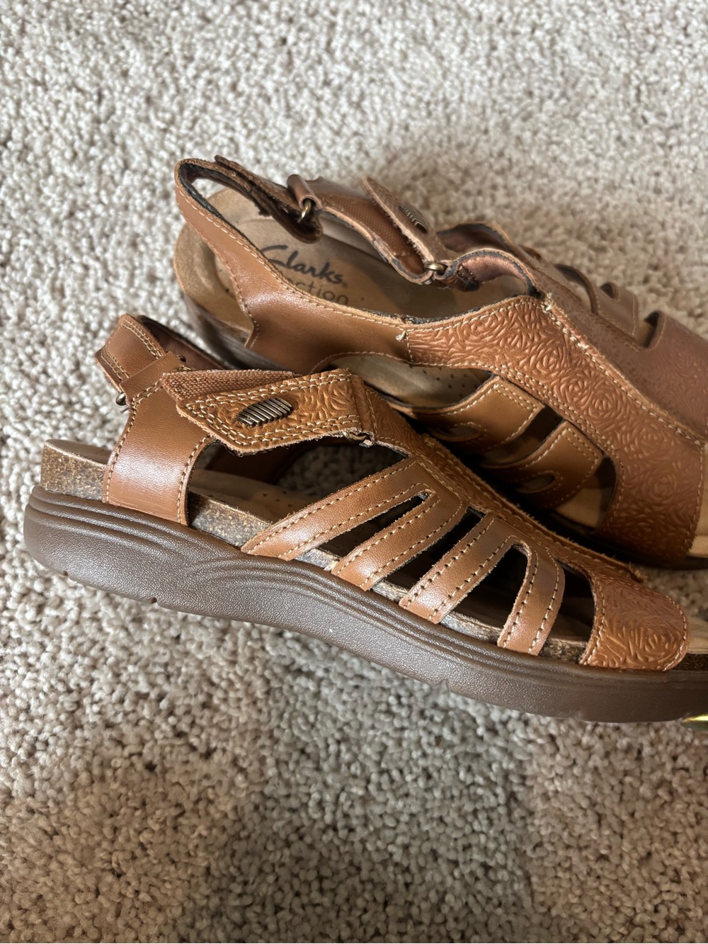 Clarks Tan Leather Cutout Comfort Sandals
